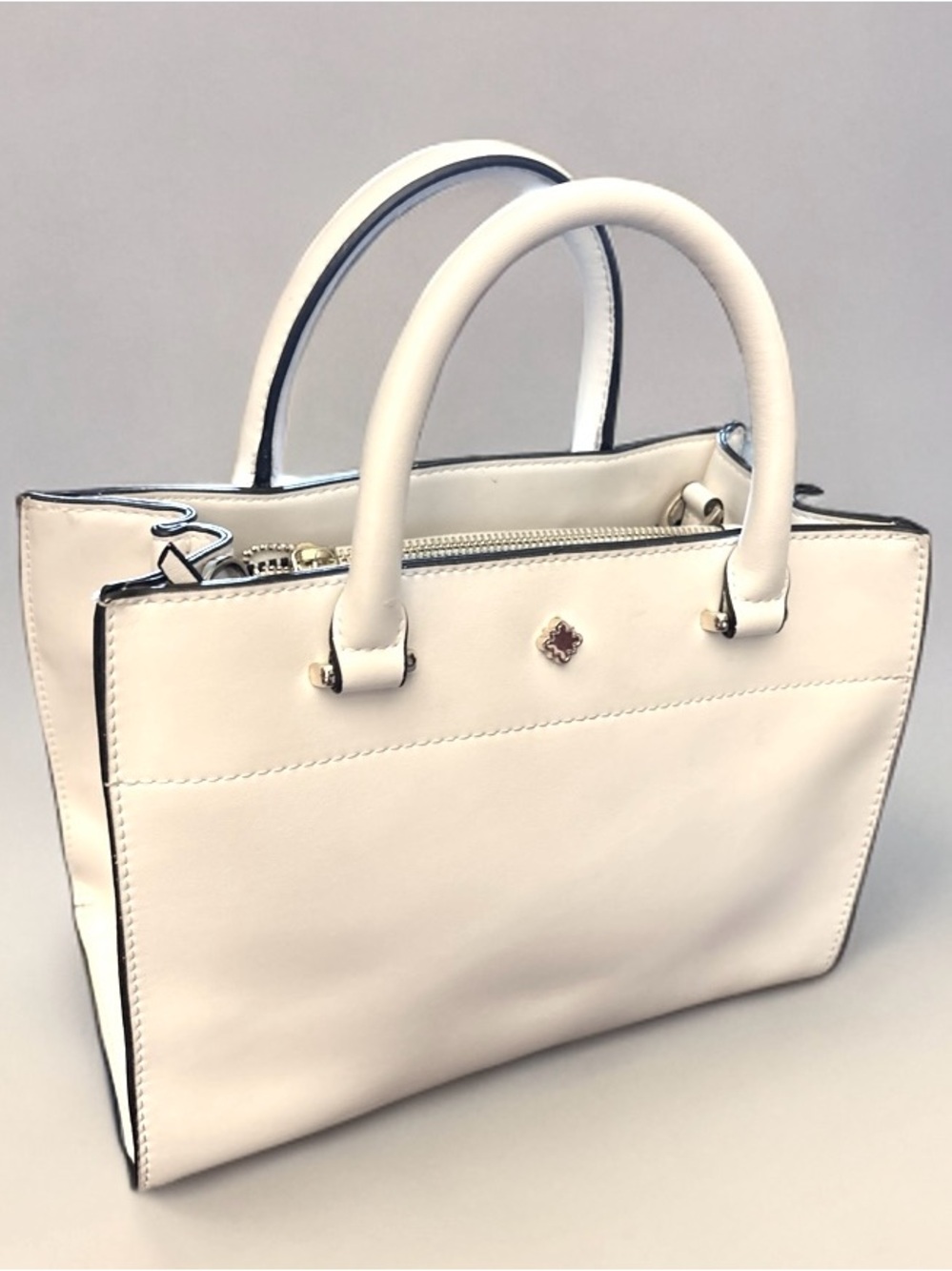 Crown & Ivy Satchel Handbag Ivory/Cream Gold Tone Structured Purse